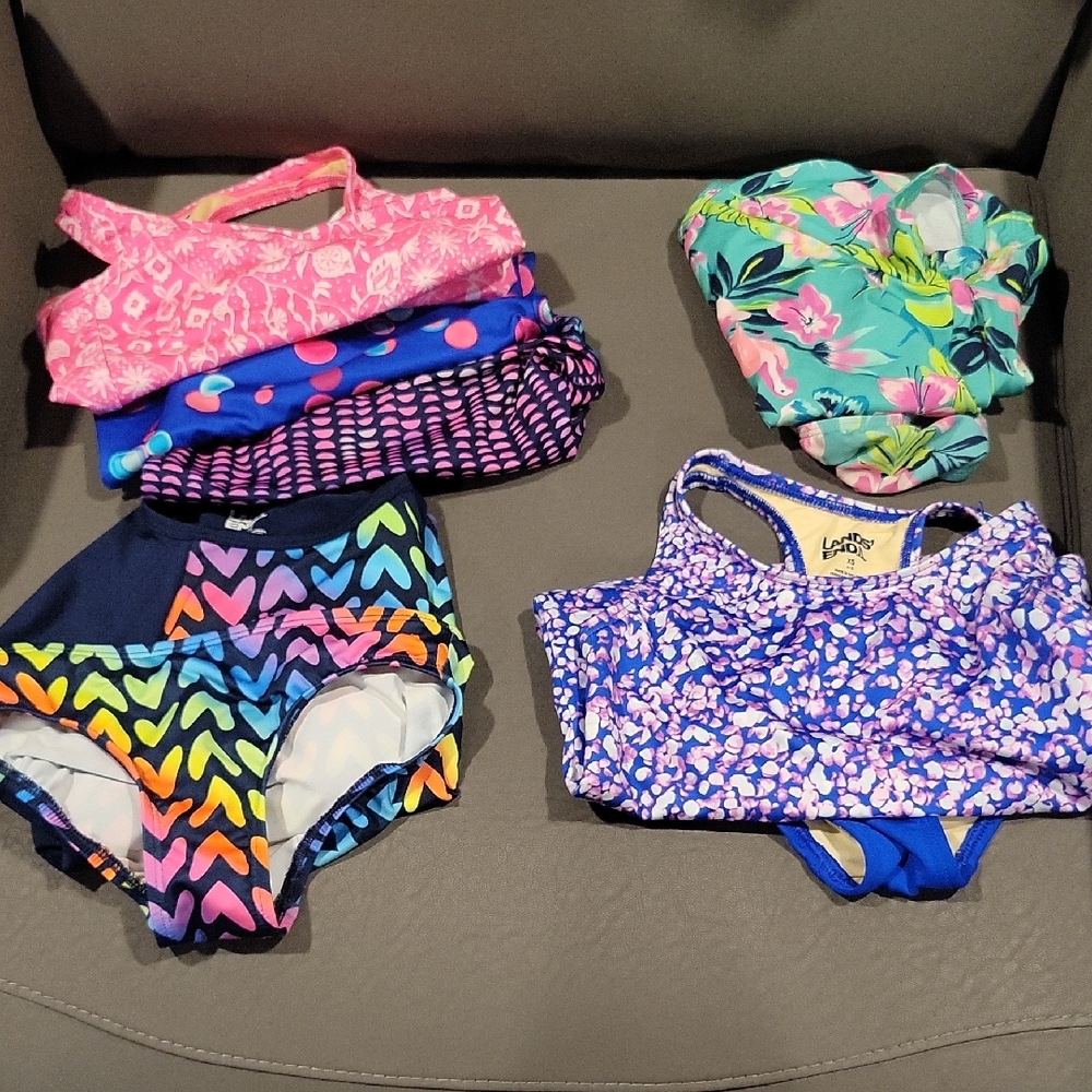 Lands End Girls' Multicolor Heart-Print Swim Bottoms - Blue/Pink